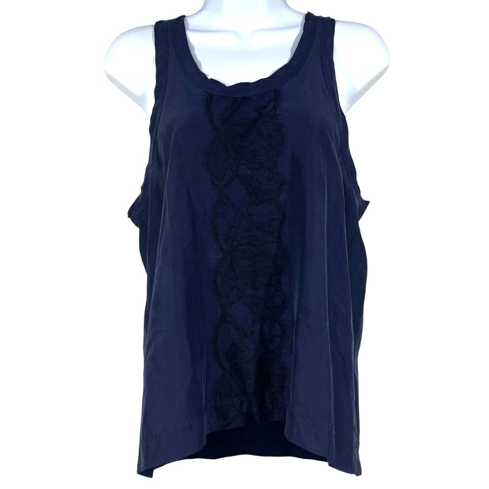 Theory Jeslin 100% Silk Tank Top Womens‎ S Navy Blue with Black Lace Lightweight